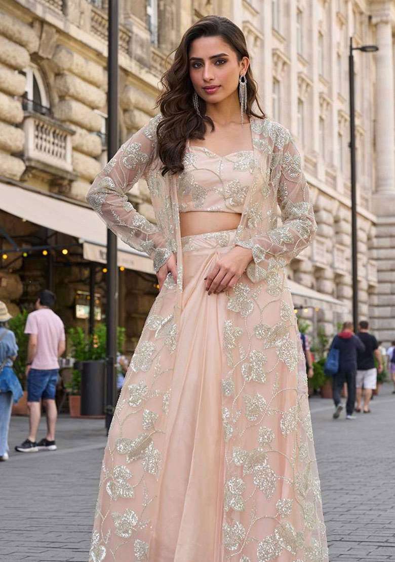 Soft Peach Embroidery Crepe Salwar Kameez - Indya