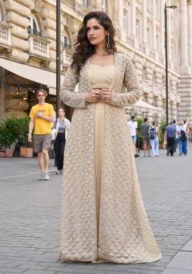 Golden Beige Embroidery Crepe Salwar Kameez