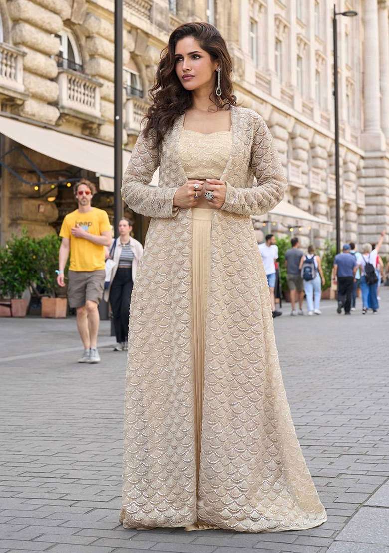 Golden Beige Embroidery Crepe Salwar Kameez - Indya