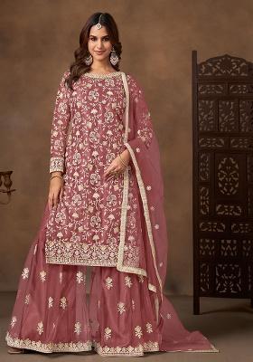 Mauve Pink Embroidery Net Salwar Kameez