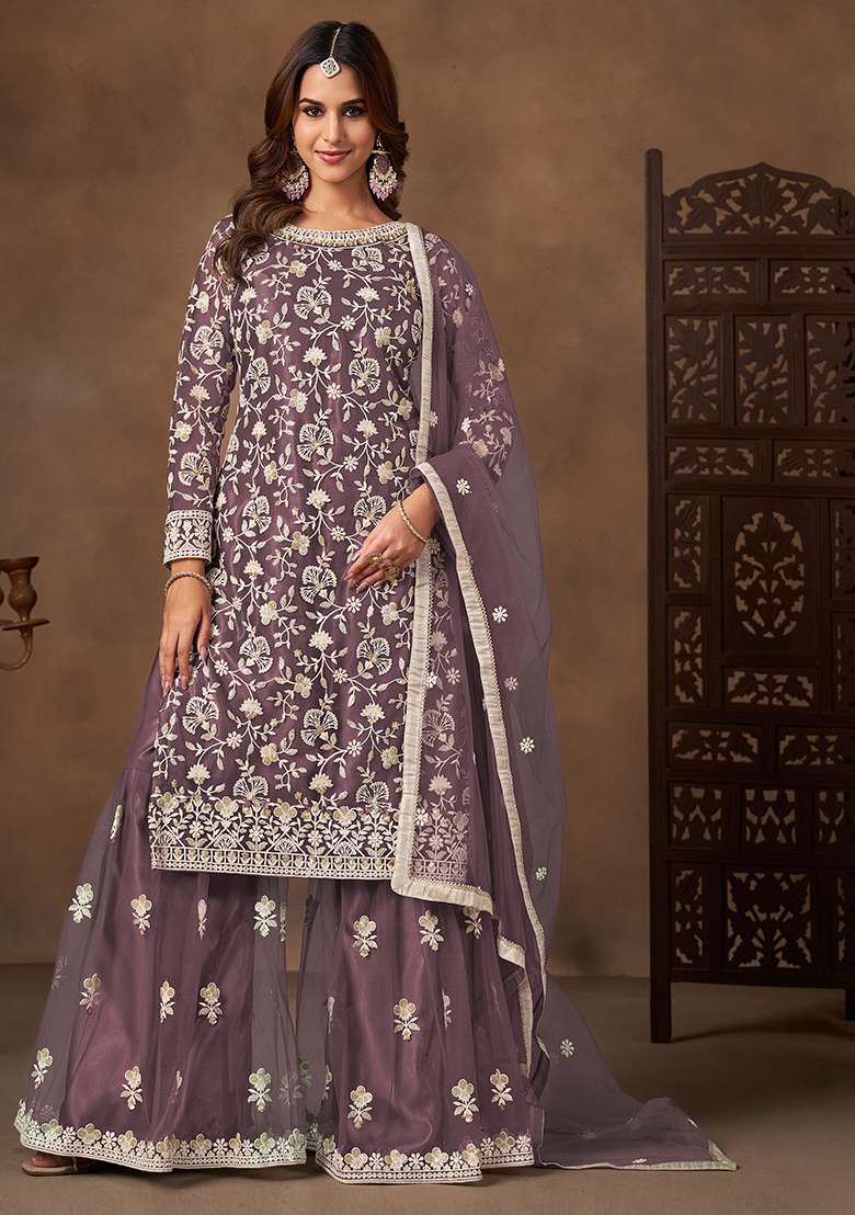 Dusty Purple Embroidery Net Salwar Kameez - Indya