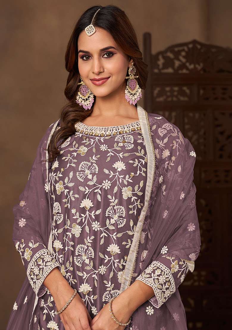 Dusty Purple Embroidery Net Salwar Kameez - Indya