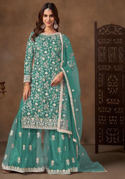 Teal Green Embroidery Net Salwar Kameez