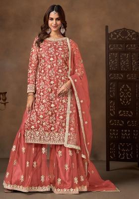 Peach Pink Embroidery Net Salwar Kameez