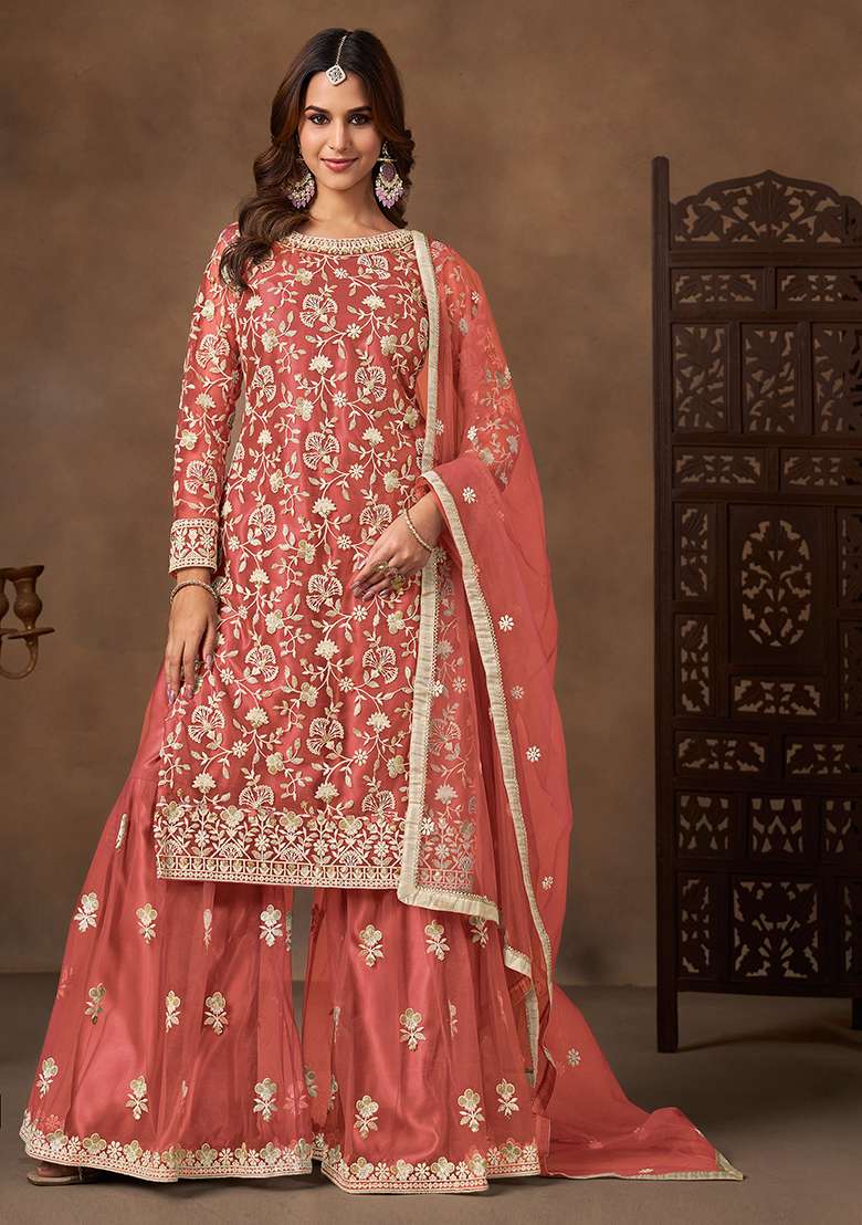 Peach Pink Embroidery Net Salwar Kameez - Indya