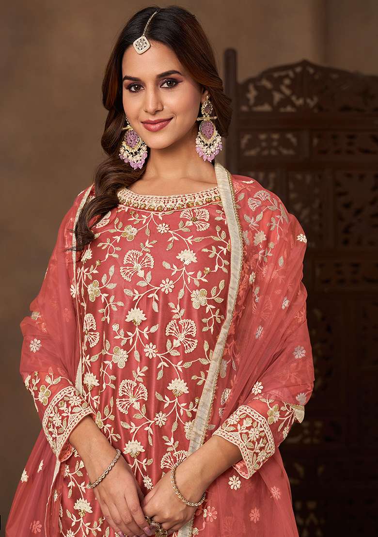Peach Pink Embroidery Net Salwar Kameez - Indya