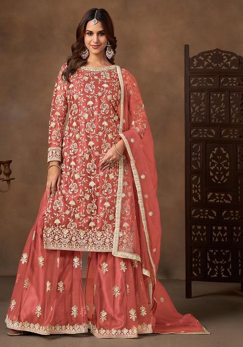 Peach Pink Embroidery Net Salwar Kameez