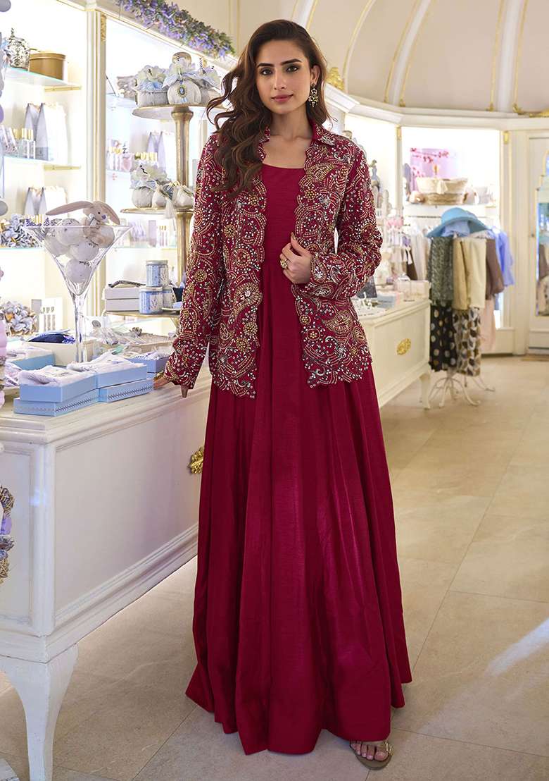 Maroon Embroidery Silk Blend Salwar Kameez - Indya