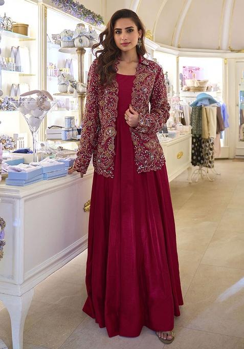 Maroon Embroidery Silk Salwar Kameez — view on Indya