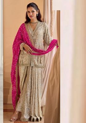 Champagne Beige Embroidery Georgette Salwar Kameez