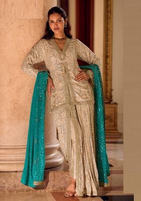 Champagne Beige Embroidery Georgette Salwar Kameez