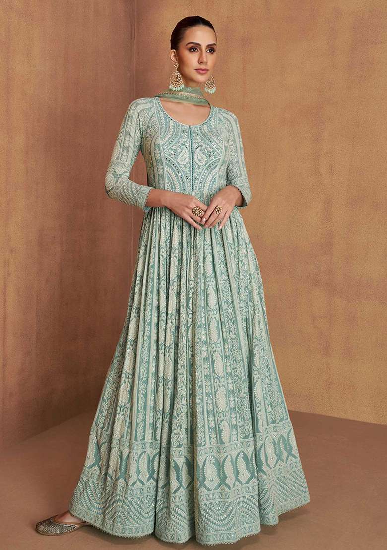 Mint Green Embroidery Georgette Salwar Kameez - Indya