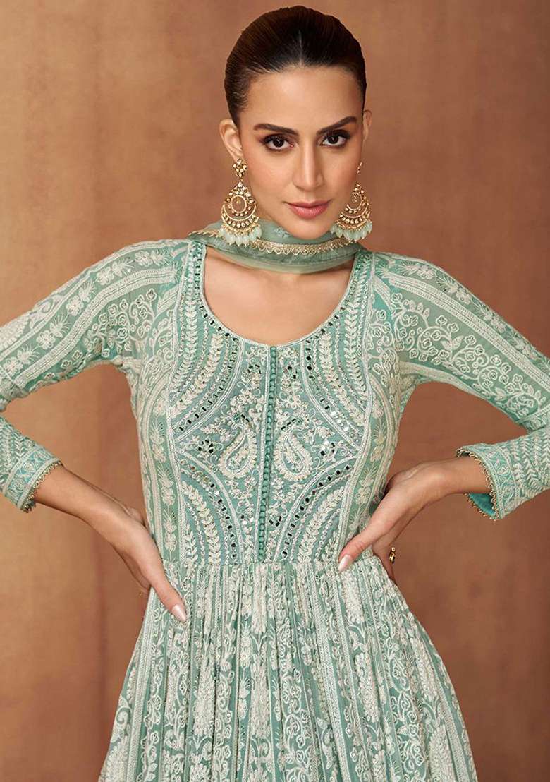 Mint Green Embroidery Georgette Salwar Kameez - Indya