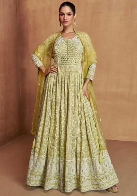 Mustard Yellow And White Embroidery Georgette Salwar Kameez