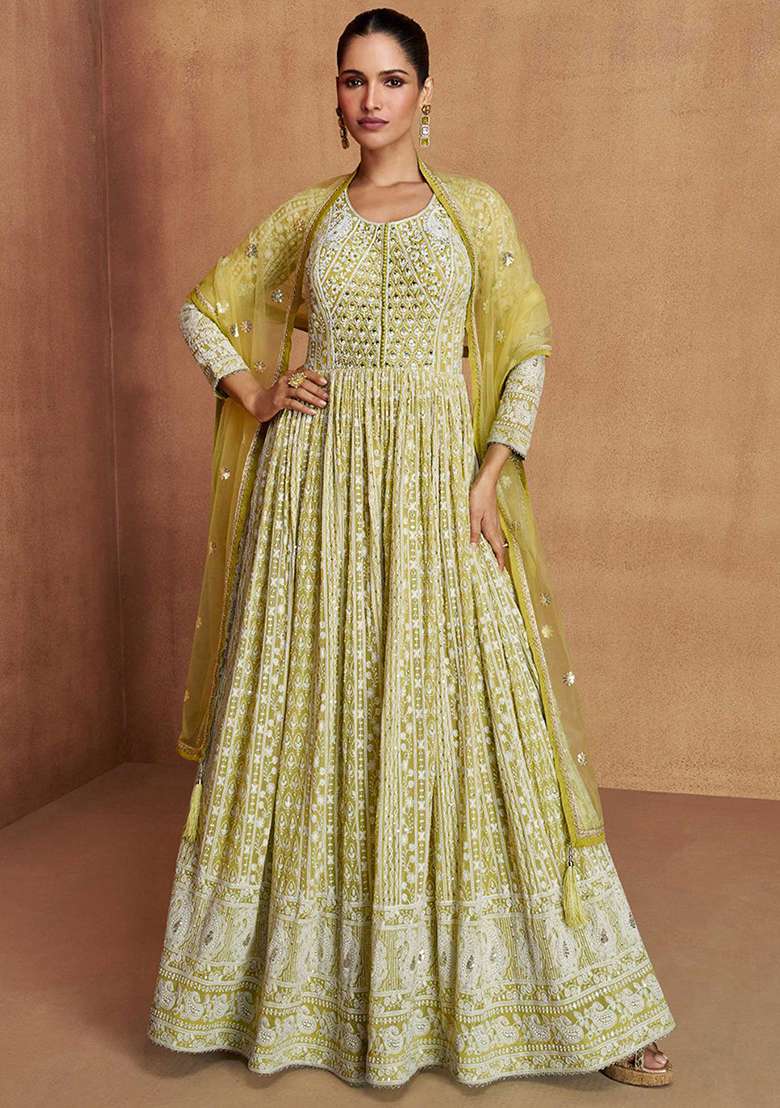 Mustard Yellow And White Embroidery Georgette Salwar Kameez - Indya