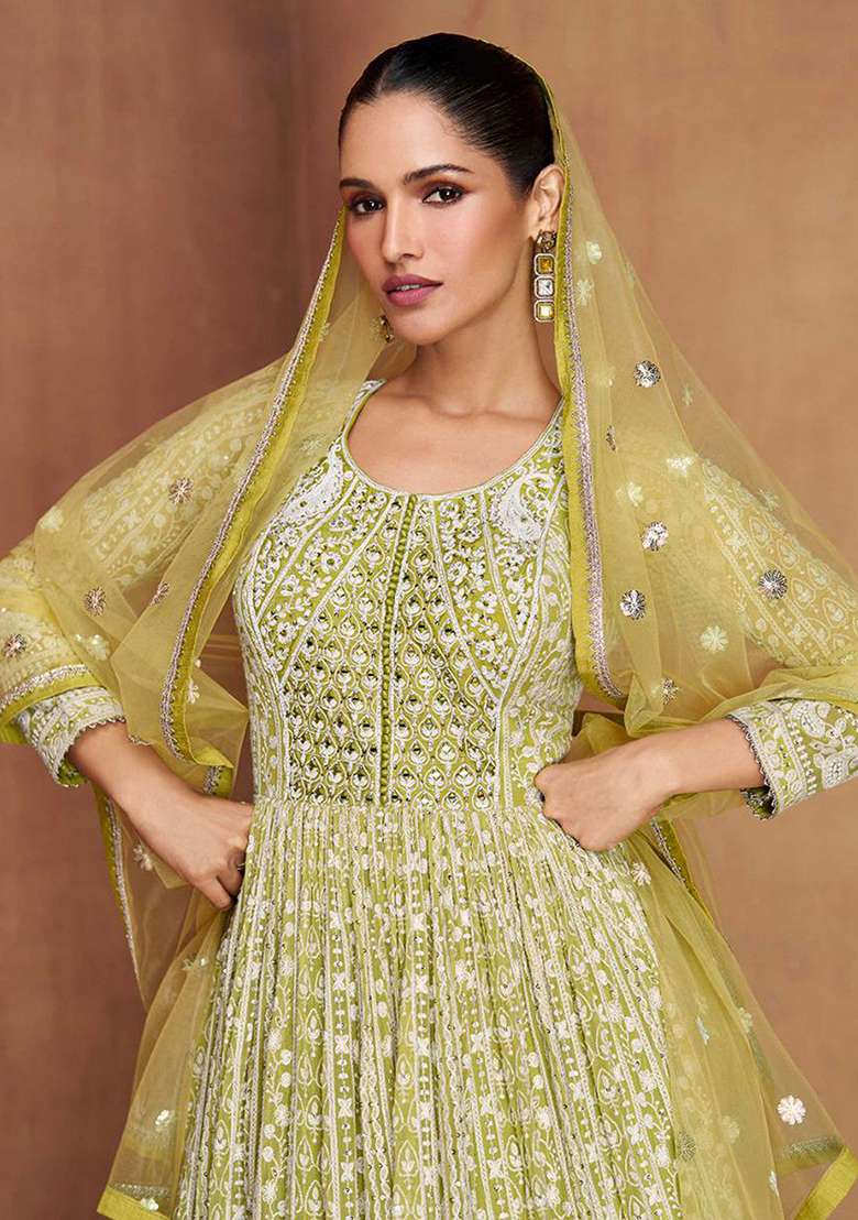 Mustard Yellow And White Embroidery Georgette Salwar Kameez - Indya