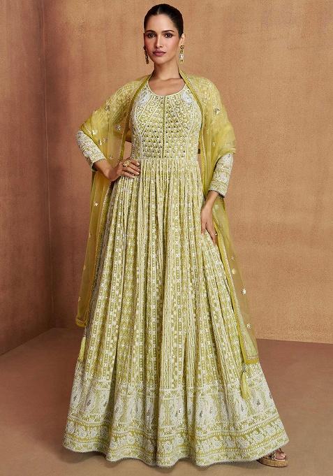 Mustard Yellow And White Embroidery Georgette Salwar Kameez
