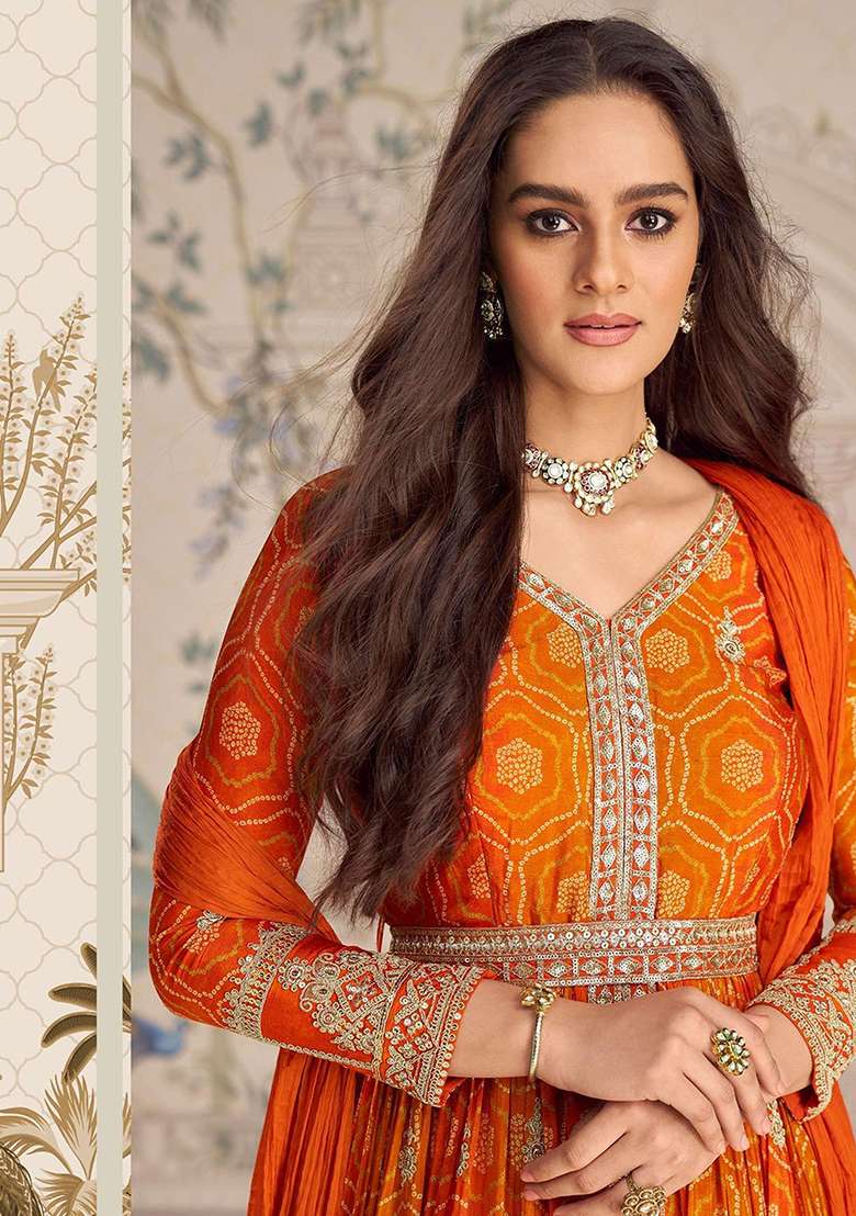 Orange Embroidery Silk Blend Salwar Kameez - Indya