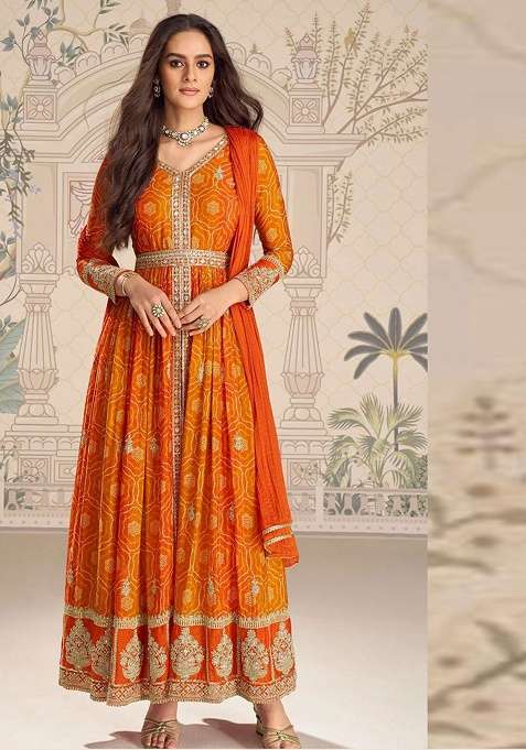 Orange Embroidery Silk Blend Salwar Kameez