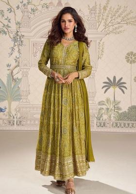 Olive Green Embroidery Silk Salwar Kameez
