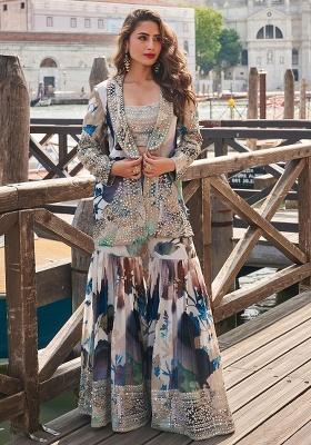 Blue And Grey Embroidery Silk Salwar Kameez