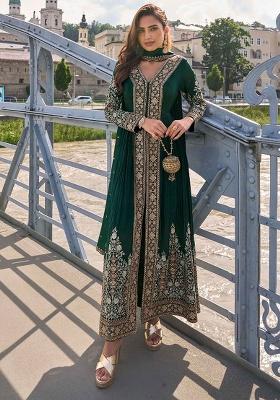 Deep Bottle Green Embroidery Silk Salwar Kameez
