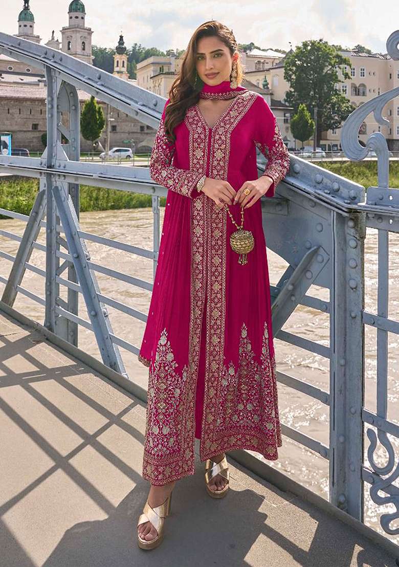 Rani Pink Embroidery Silk Blend Salwar Kameez - Indya