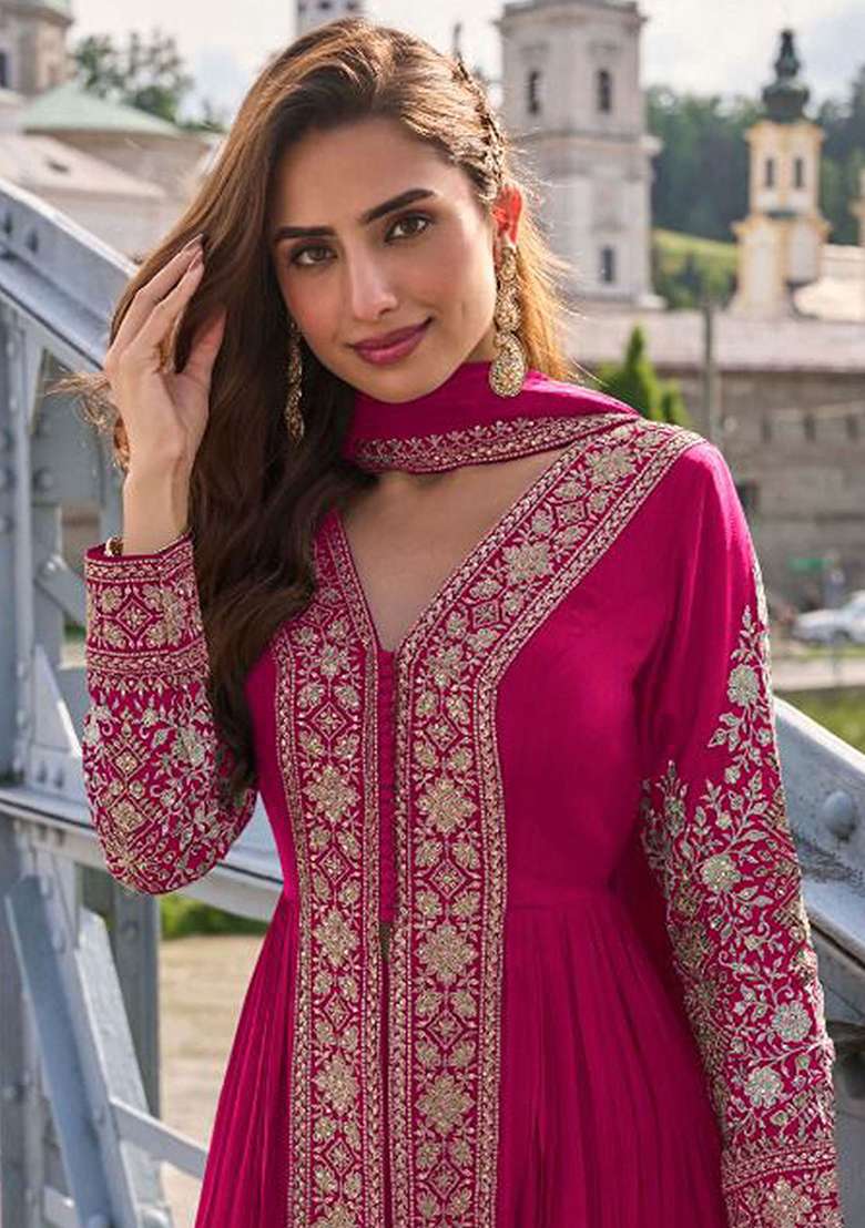 Rani Pink Embroidery Silk Blend Salwar Kameez - Indya