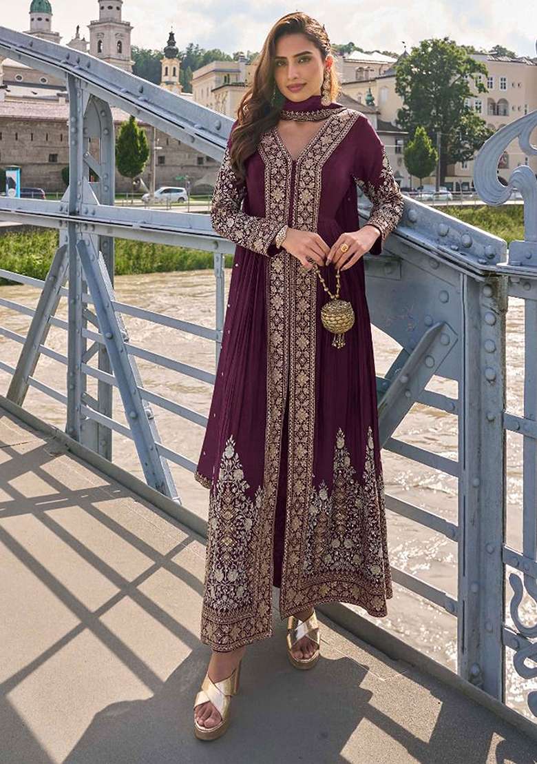 Deep Maroon Embroidery Silk Blend Salwar Kameez - Indya