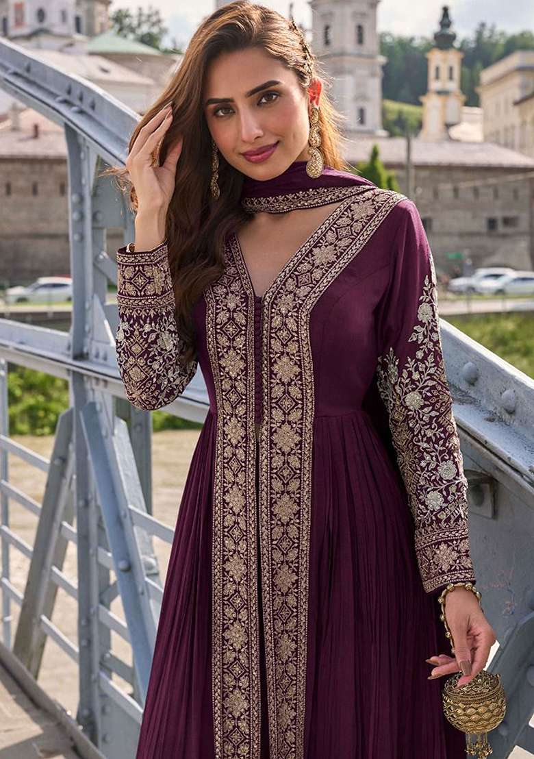 Deep Maroon Embroidery Silk Blend Salwar Kameez - Indya
