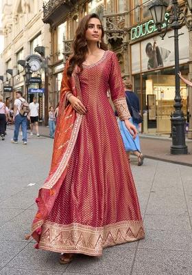 Rust Red Embroidery Silk Salwar Kameez