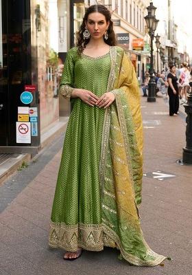 Olive Green Embroidery Silk Salwar Kameez