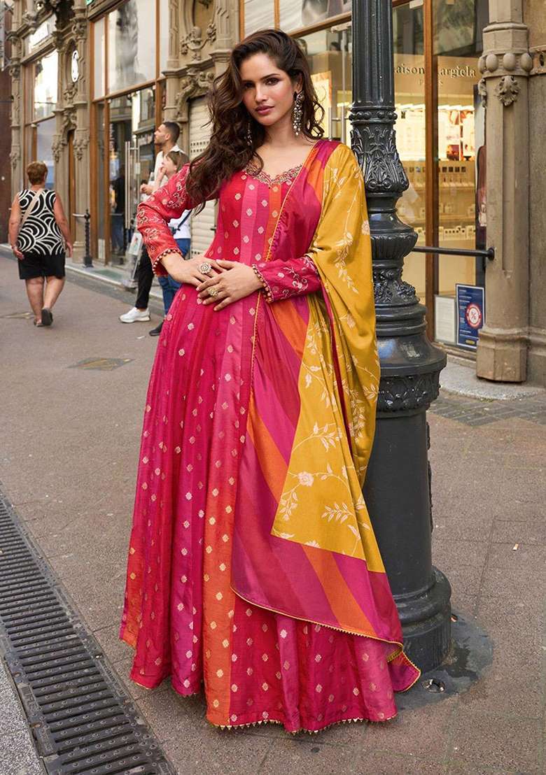 Rani Pink Embroidery Silk Blend Salwar Kameez - Indya