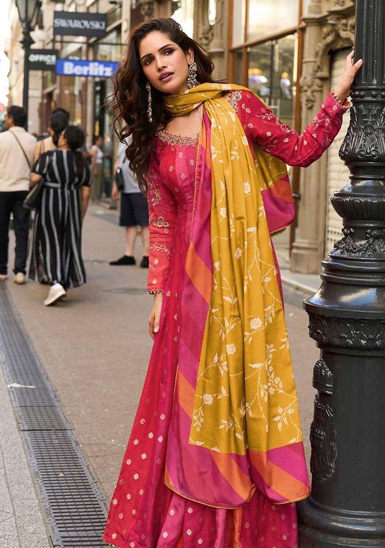 Rani Pink Embroidery Silk Blend Salwar Kameez - Indya