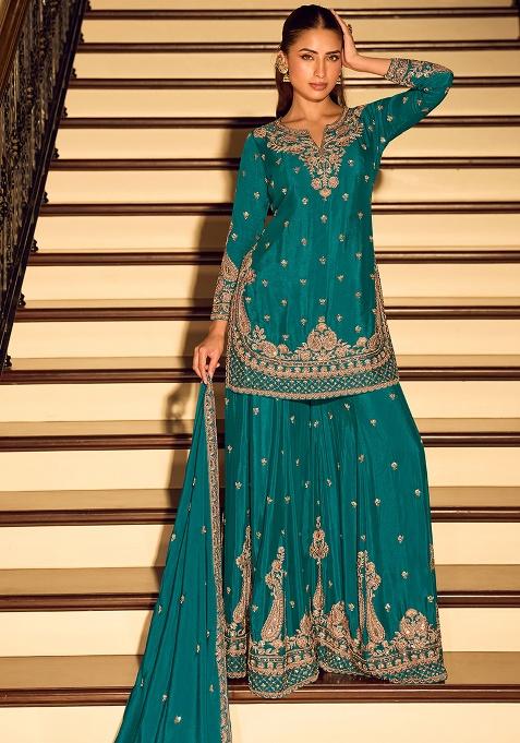 Firozi Embroidery Silk Salwar Kameez — view on Indya
