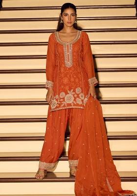 Orange Embroidery Silk Salwar Kameez