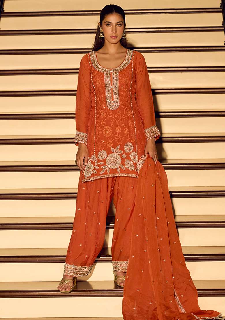 Orange Embroidery Silk Blend Salwar Kameez - Indya