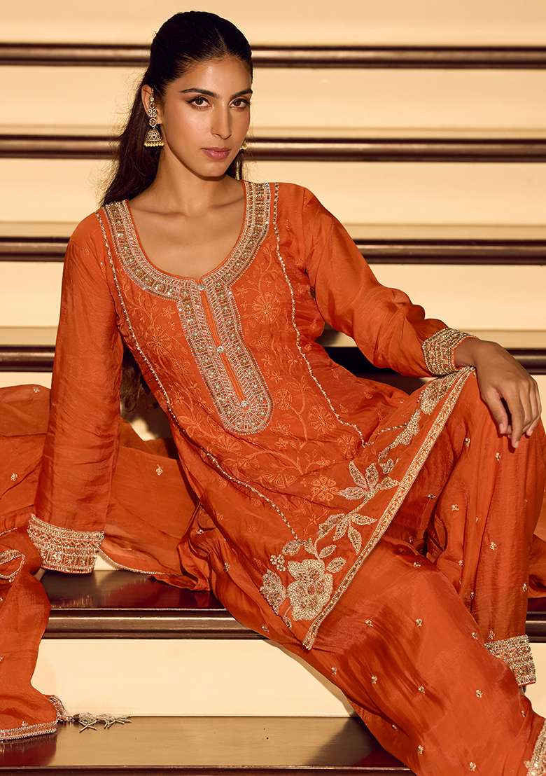 Orange Embroidery Silk Blend Salwar Kameez - Indya
