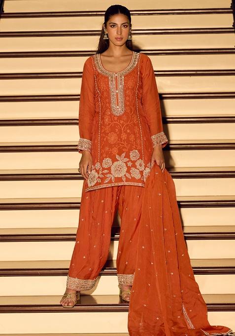 Orange Embroidery Silk Salwar Kameez