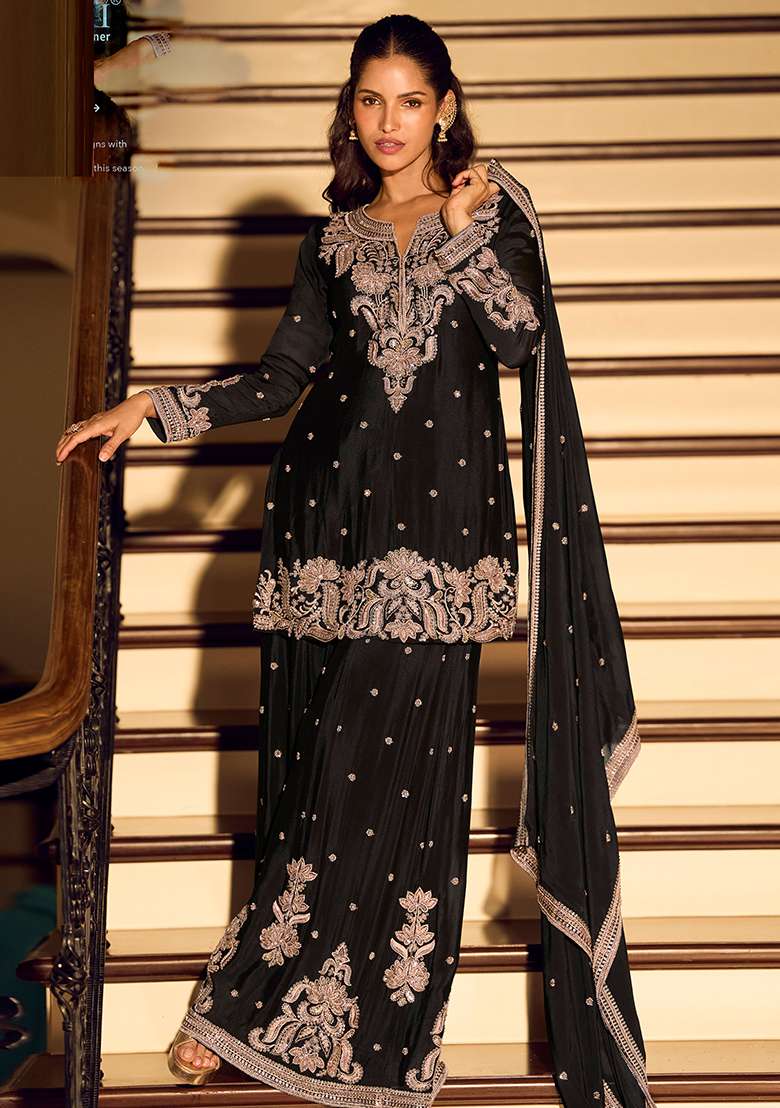 Black Embroidery Silk Salwar Kameez - Indya