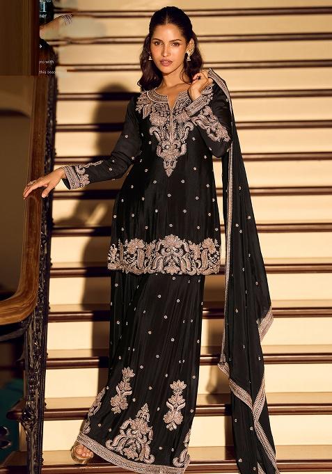 Black Embroidery Silk Salwar Kameez — view on Indya