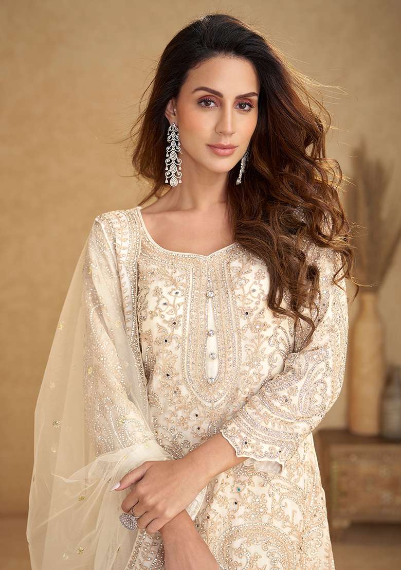Off White Embroidery Net Salwar Kameez - Indya