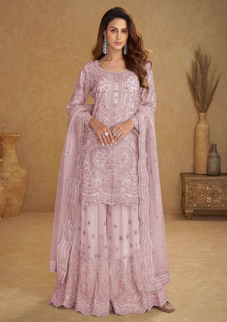 Pink Embroidery Net Salwar Kameez - Indya