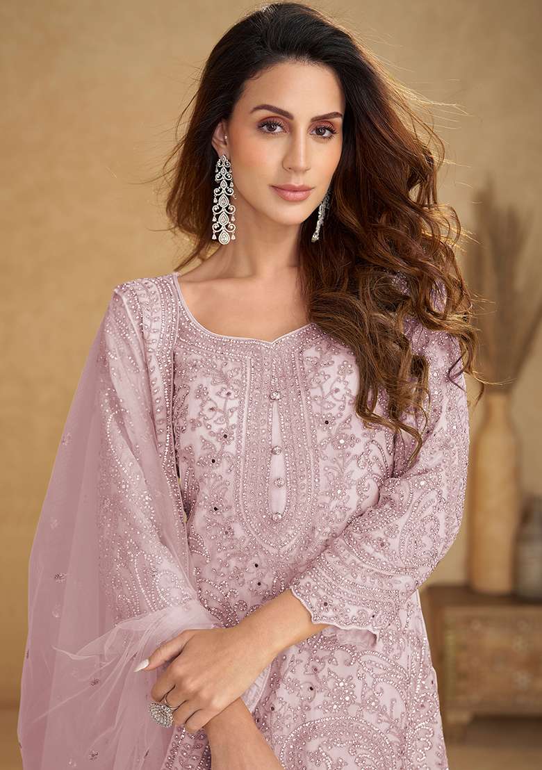 Pink Embroidery Net Salwar Kameez - Indya