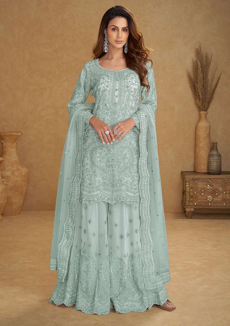 Blue Embroidery Net Salwar Kameez - Indya