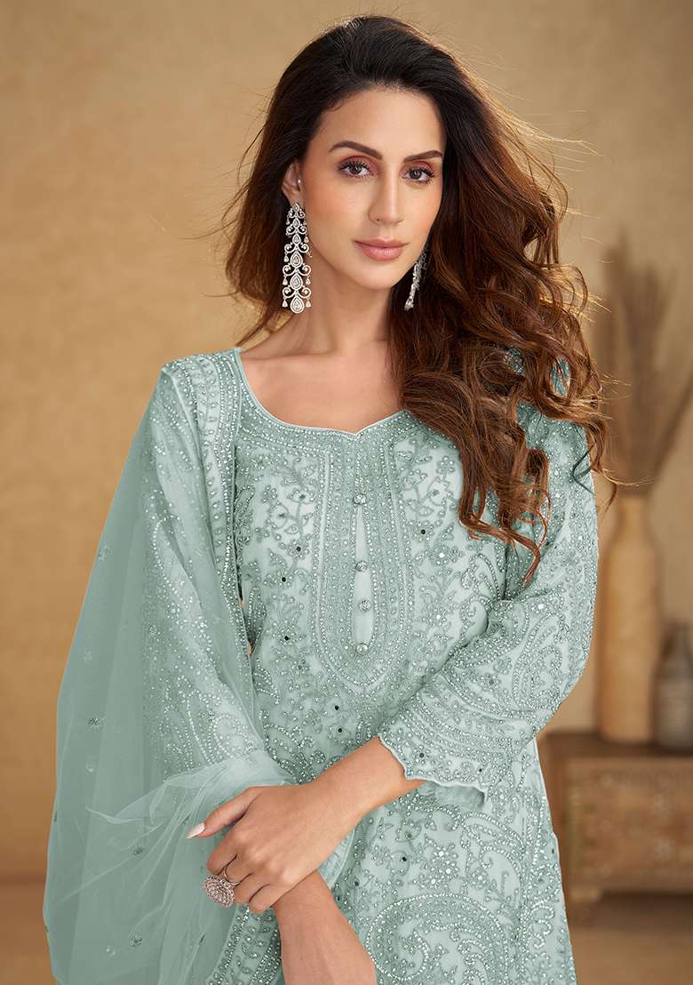 Blue Embroidery Net Salwar Kameez - Indya