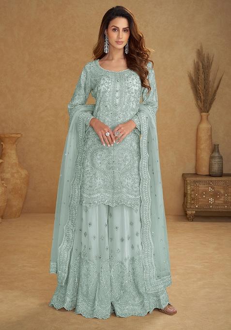 Blue Embroidery Net Salwar Kameez — view on Indya