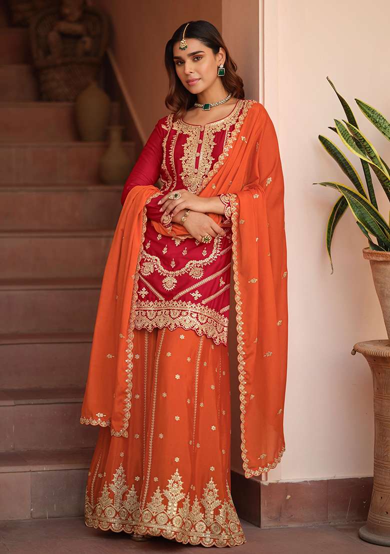 Red Embroidery Silk Salwar Kameez - Indya