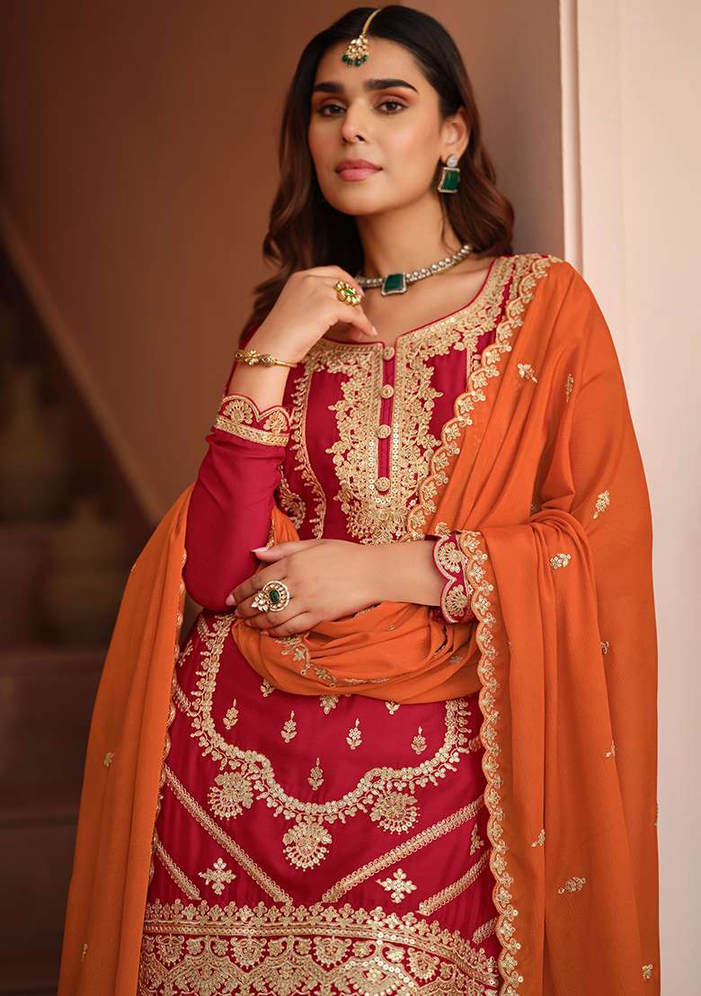Red Embroidery Silk Salwar Kameez - Indya