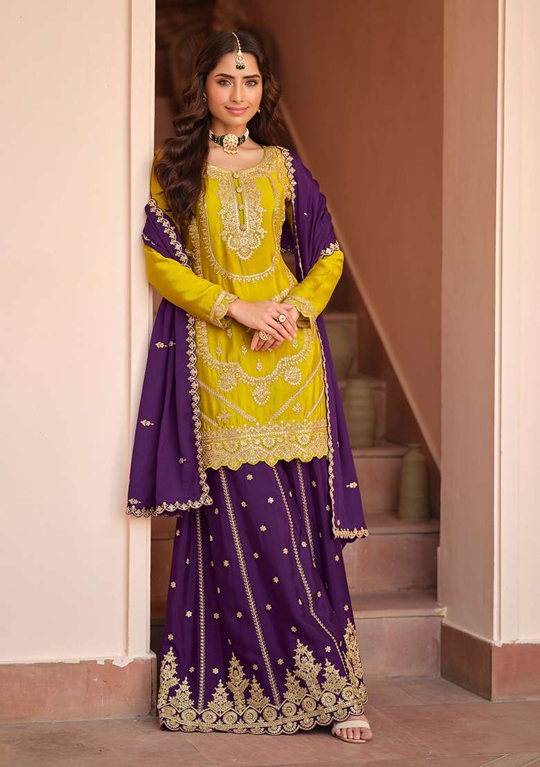 Mustard Embroidery Silk Salwar Kameez - Indya